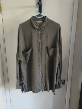 Linenfox Olive Linen Button-Front Shirt Jacket